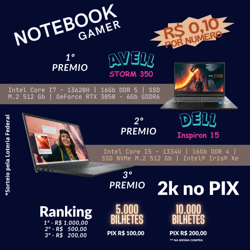 Imagem da campanha Notebook AVELL Storm 350 | DELL Inspiron 15 | 2k no PIX