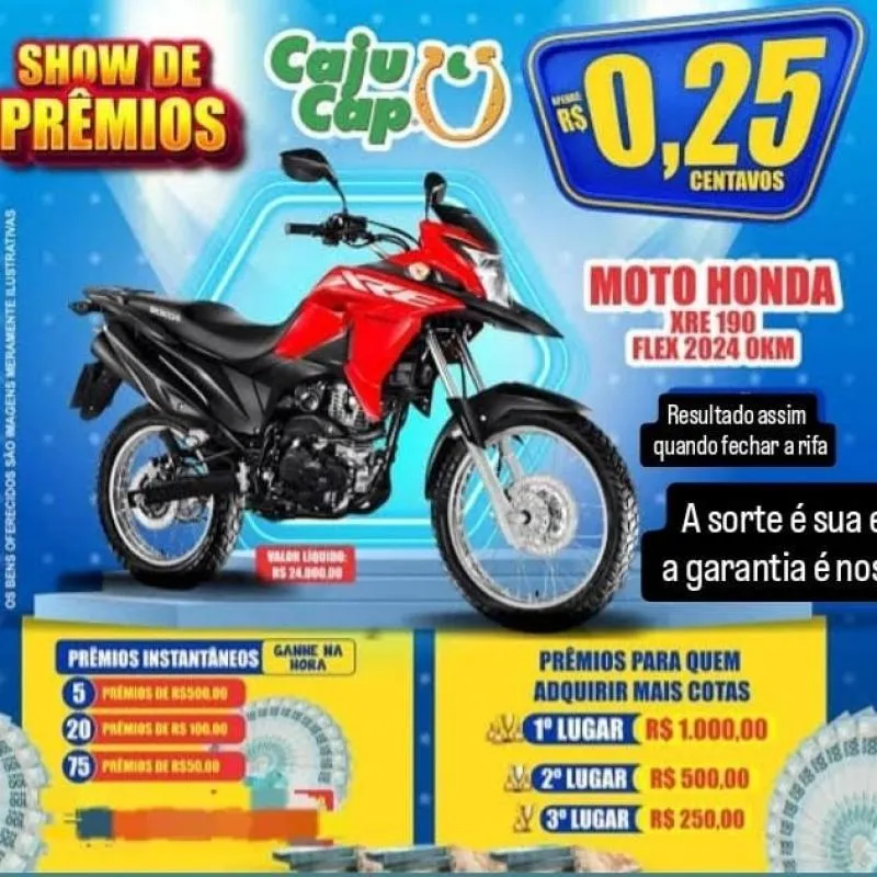 Imagem da campanha rifa de moto Honda XRE 190