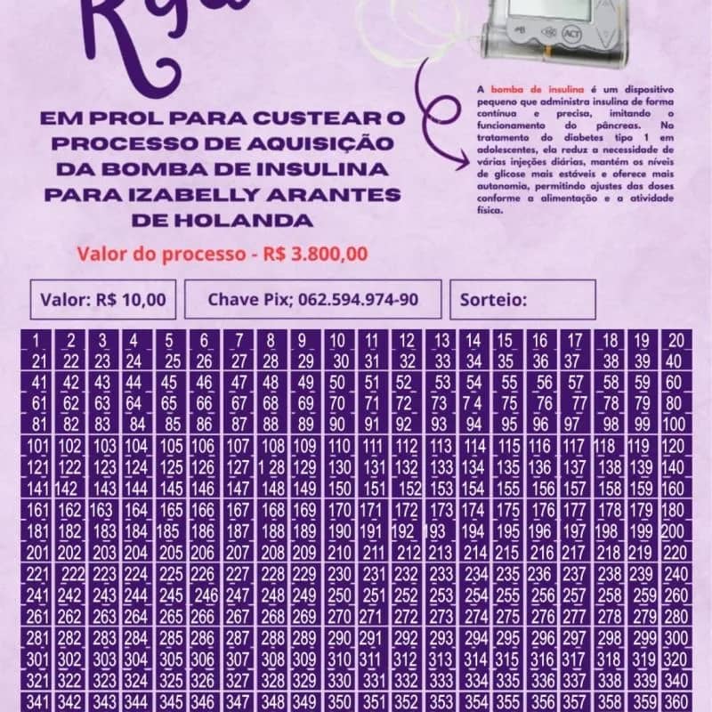 Imagem da campanha Rifa em prol para custear a aquisição da Bomba de Insulina para Izabelly Arantes de Holanda