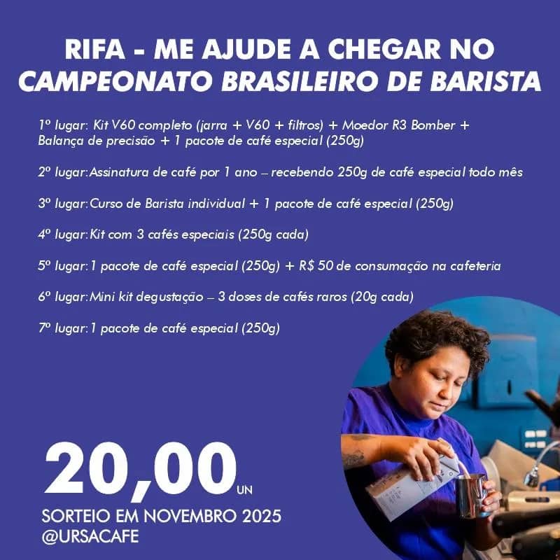 Imagem da campanha 💜 Rifa – Me Ajude a Chegar ao Campeonato Brasileiro de Barista! 💜