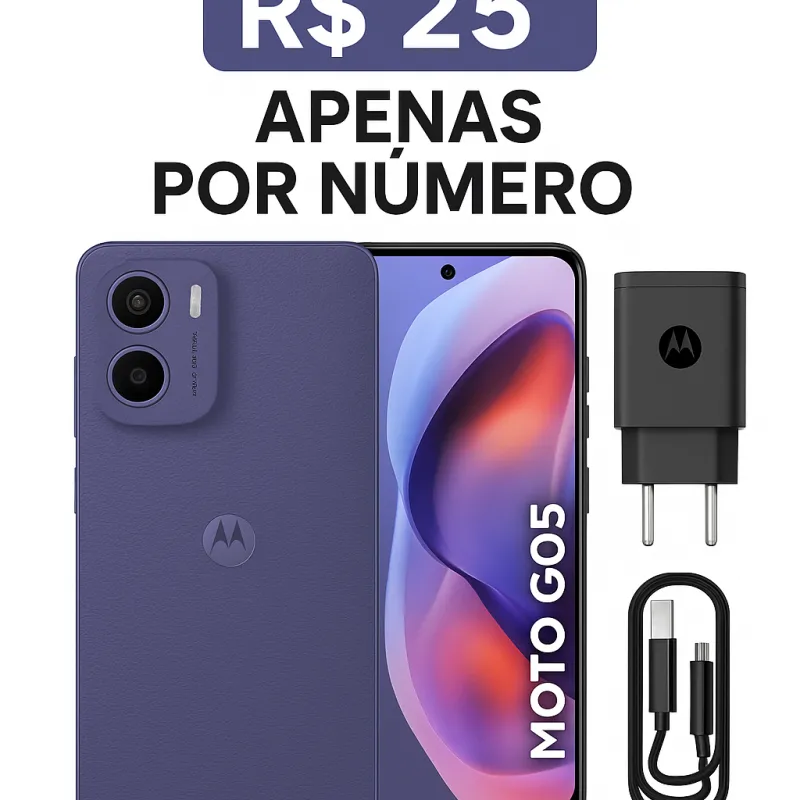 Imagem da campanha “Rifa Premiada Moto G05 — Poucos Números, Grandes Chances!”