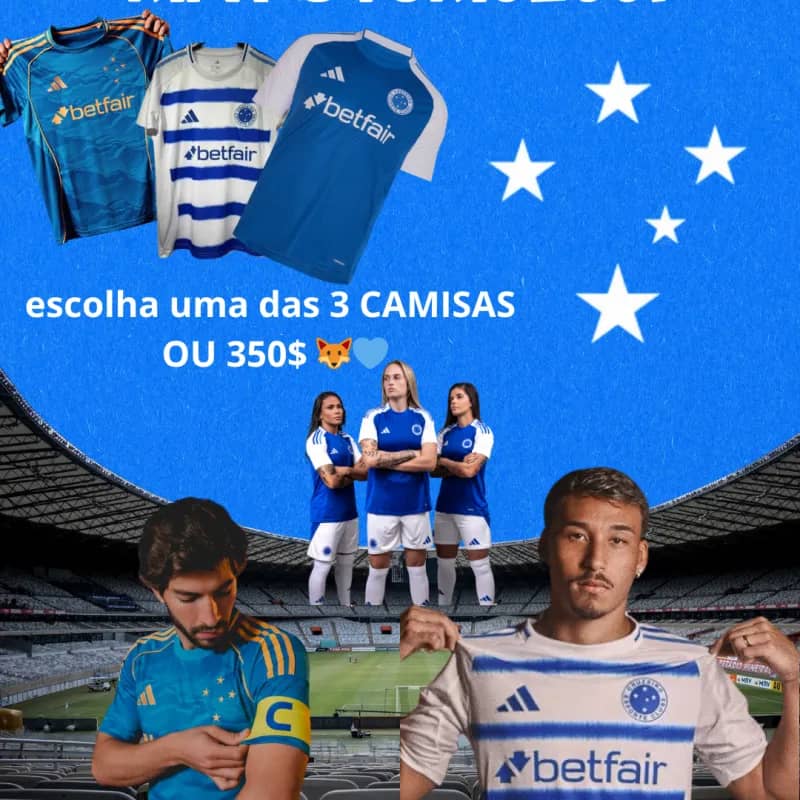 Imagem da campanha 1• GANHADOR: escolher uma das três camisas do Cruzeiro OU 350$                    2• GANHADOR( maior comprador) :50$