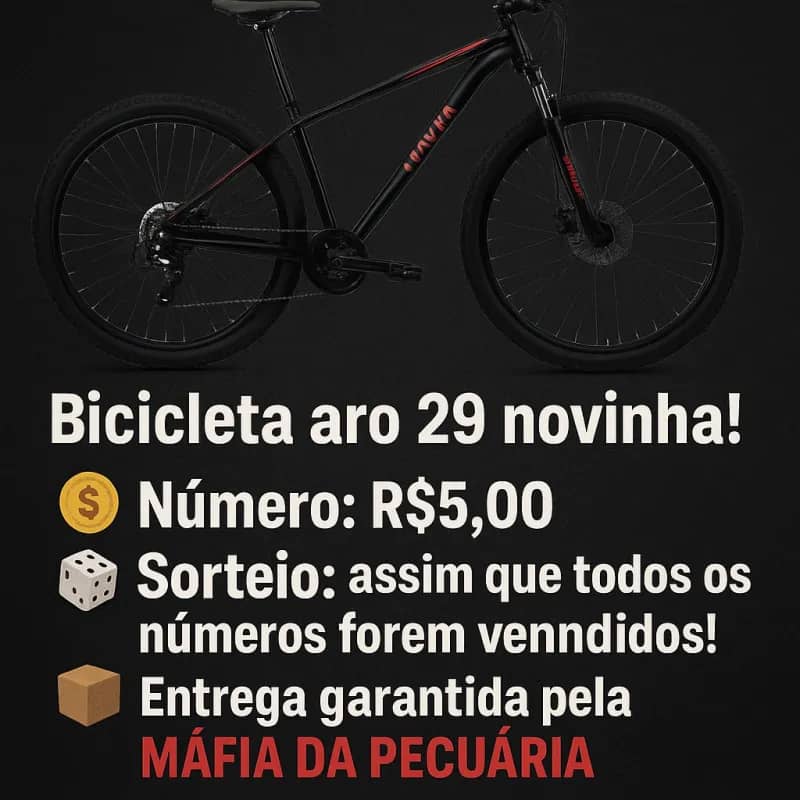 Imagem da campanha 🚴‍♂️ Rifa Premiada da Máfia da Pecuária! Leve pra casa uma bicicleta aro 29 verde claro por apenas R$5 🔥