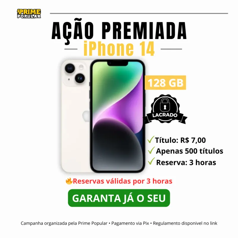 Imagem da campanha AÇÃO PREMIADA iPHONE 14 📱✨