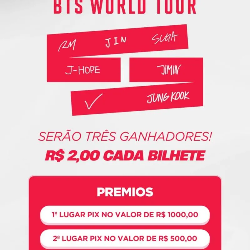 Imagem da campanha Rifa BTS WOLD TUOR