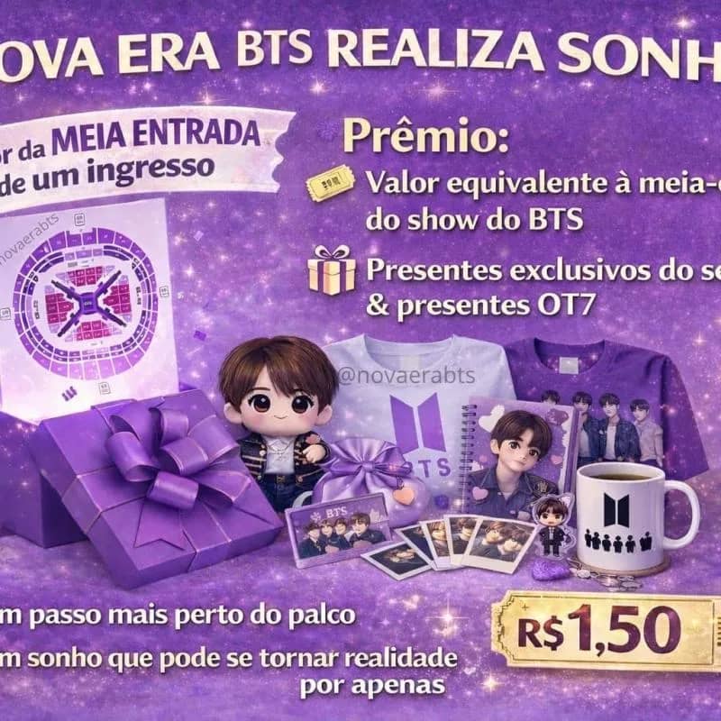 Imagem da campanha Rifa Nova era BTS realiza sonhos 💜 Meio ingresso pro show + mimos do seu utt e BTS!
