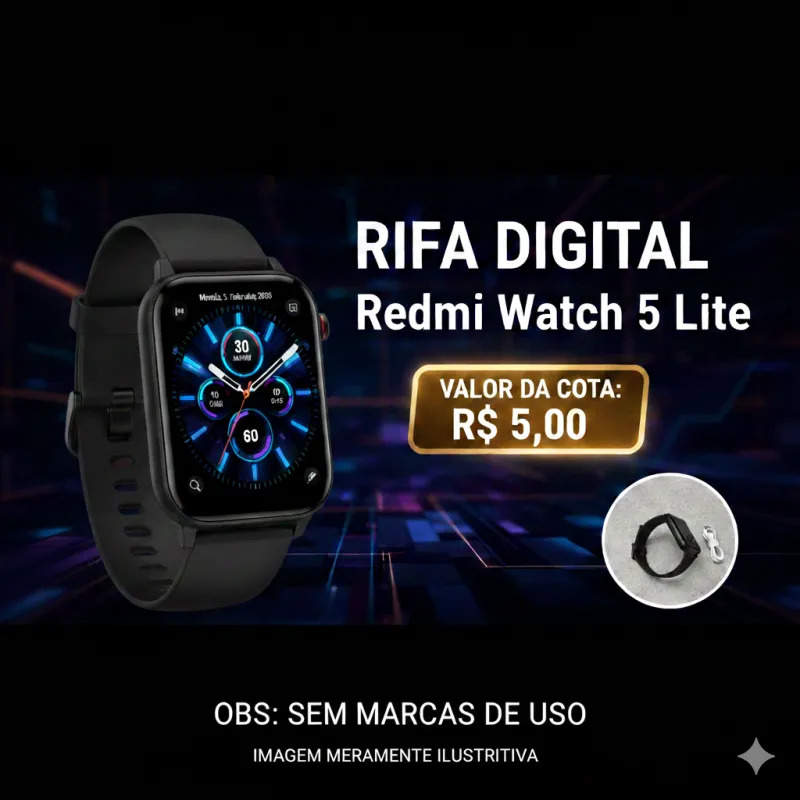 Imagem da campanha ⌚ RIFA DIGITAL: REDMI WATCH 5 LITE Prêmio: Smartwatch Redmi Watch 5 Lite (Cor: Preto)