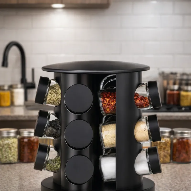 Imagem da campanha Lindo Porta condimentos com 9 potes e 9 tipos de temperos a sua escolha.