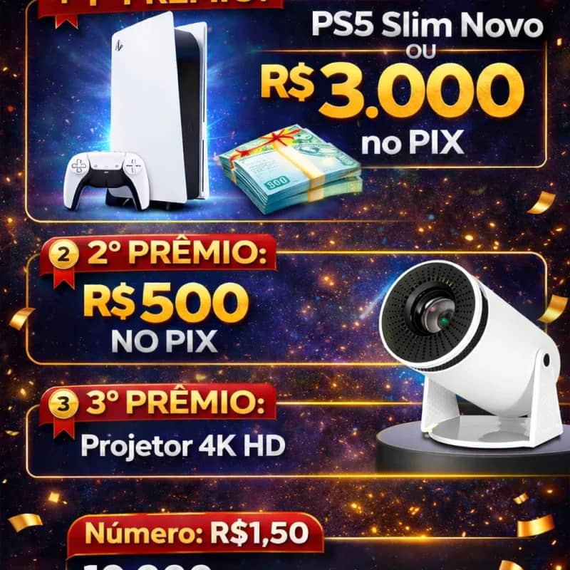Imagem da campanha Rifa Premiada – PS5 ou R$3.000 no Pix + Prêmios