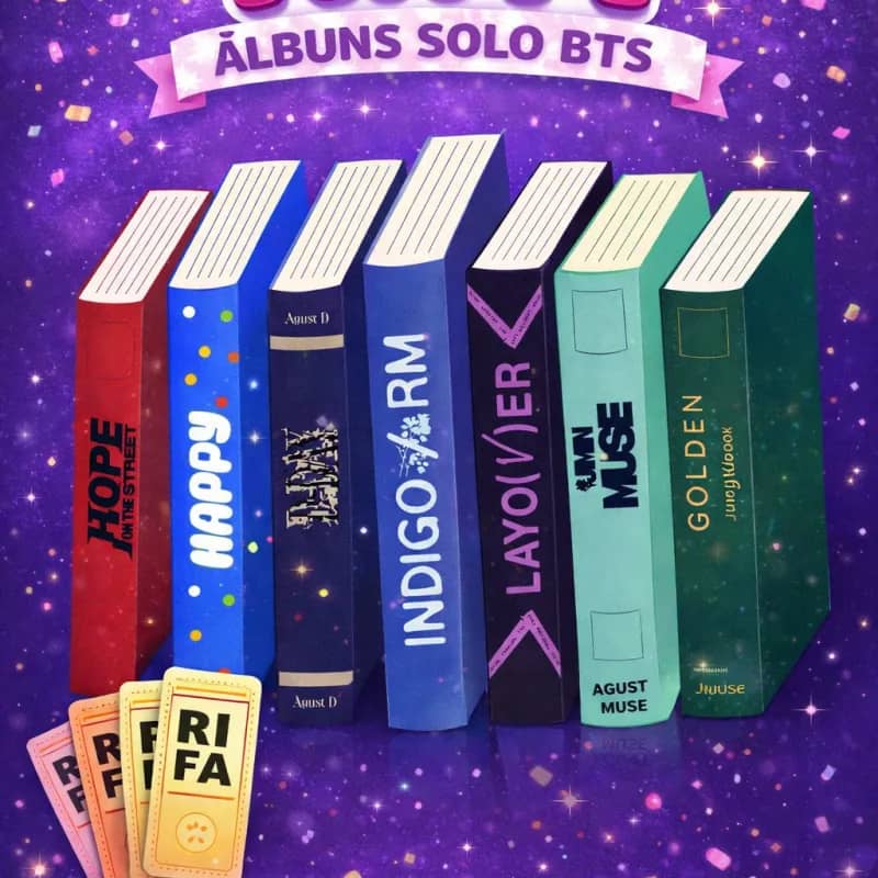 Imagem da campanha RIFA – ÁLBUNS SOLO BTS 💜