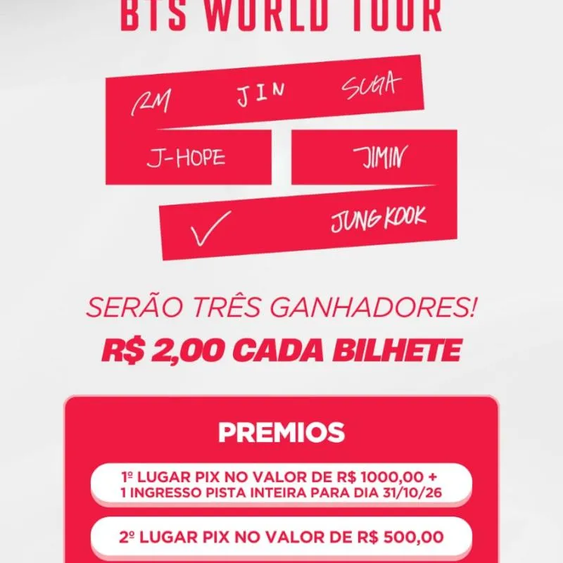 Imagem da campanha Rifa BTS WOLD TUOR