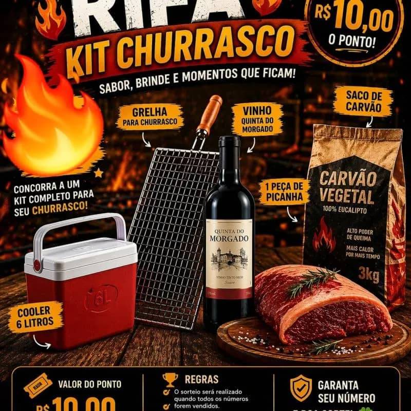 Imagem da campanha Rifa de um kit churrasco: 01 cooler, 01 saco de carvão, 01 peça de picanha, 01 grelha e 01 vinho.