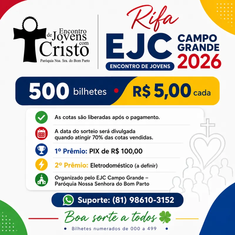 Imagem da campanha Rifa EJC Campo Grande 2026 – Encontro de Jovens com Cristo