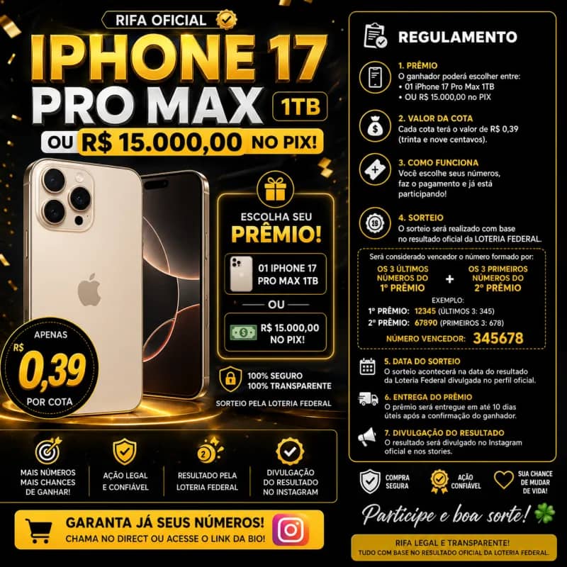Imagem da campanha Iphone 17 Pro Max ou 15 mil na conta