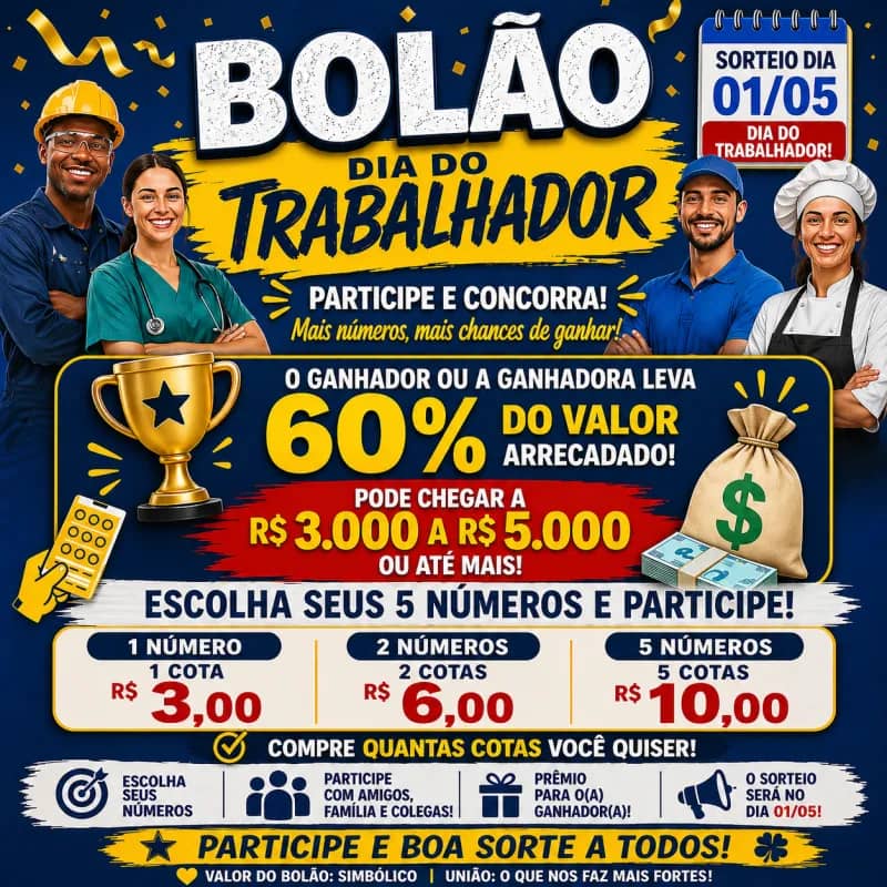 Imagem da campanha Bolão Dia do Trabalhador — 60% do Valor Arrecadado