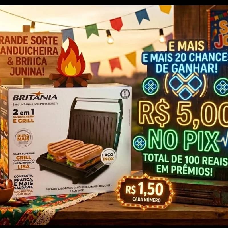 Imagem da campanha SORTEIO DE UMA SANDUICHEIRA + 20 números premiados de R$5,00 no PIX.