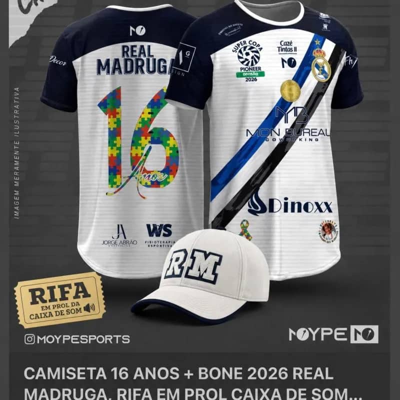 Imagem da campanha CAMISETA 16 ANOS + BONE 2026 REAL MADRUGA, rifa em prol caixa de som pra sede do REAL MADRUGA