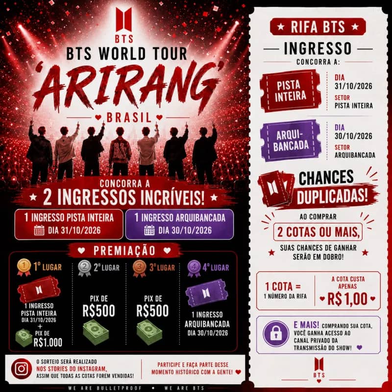 Imagem da campanha Rifa BTS WOLD TUOR