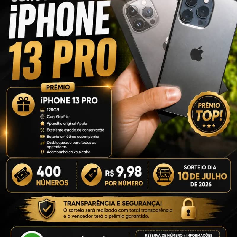 Imagem da campanha 1     🍀 Sua chance de ganhar um iPhone 13 Pro por apenas R$ 9,98!