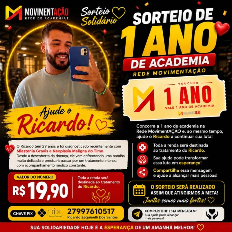 Imagem da campanha 1 Ano de Academia Rede Movimentação – Sorteio Solidário pro Ricardo