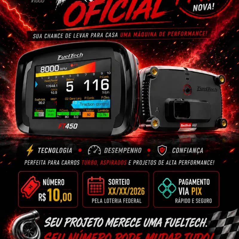 Imagem da campanha RIFA OFICIAL – FUELTECH FT450 NOVA com chicote 3 metros..  Seu projeto merece uma FuelTech seu número pode mudar tudo!