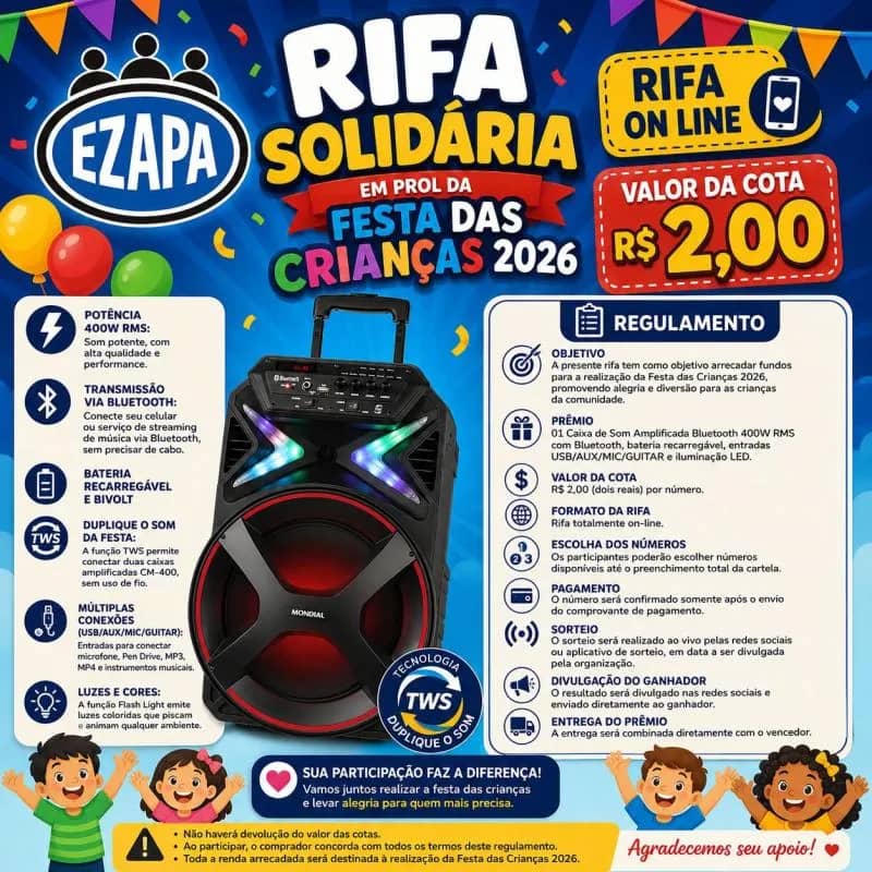 Imagem da campanha Rifa solidaria para festa das crianças 2026