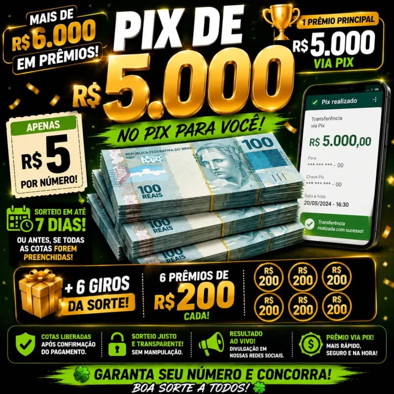 Imagem da campanha 💰 PIX PREMIADO DE R$ 5.000 + 6 GIROS DA SORTE 💰
