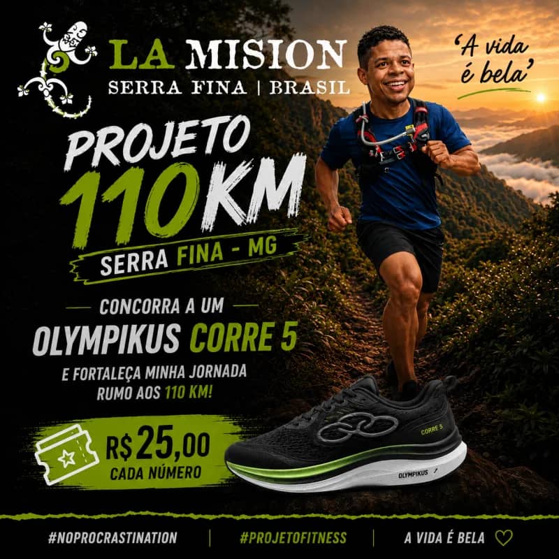 Imagem da campanha Projeto 110KM — Concorra a um Olympikus Corre 5 e fortaleça minha jornada rumo aos 110 km