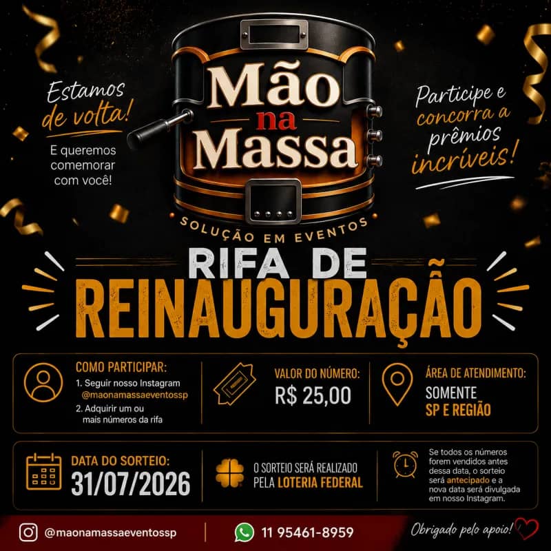 Imagem da campanha Reinauguração Mão Na Massa Eventos