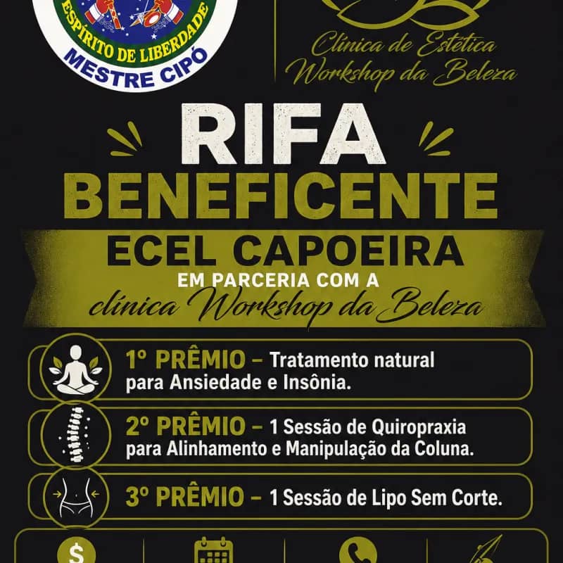 Imagem da campanha /Rifa Beneficente ECEL Capoeira em parceria com a Clinica Workshop da Beleza