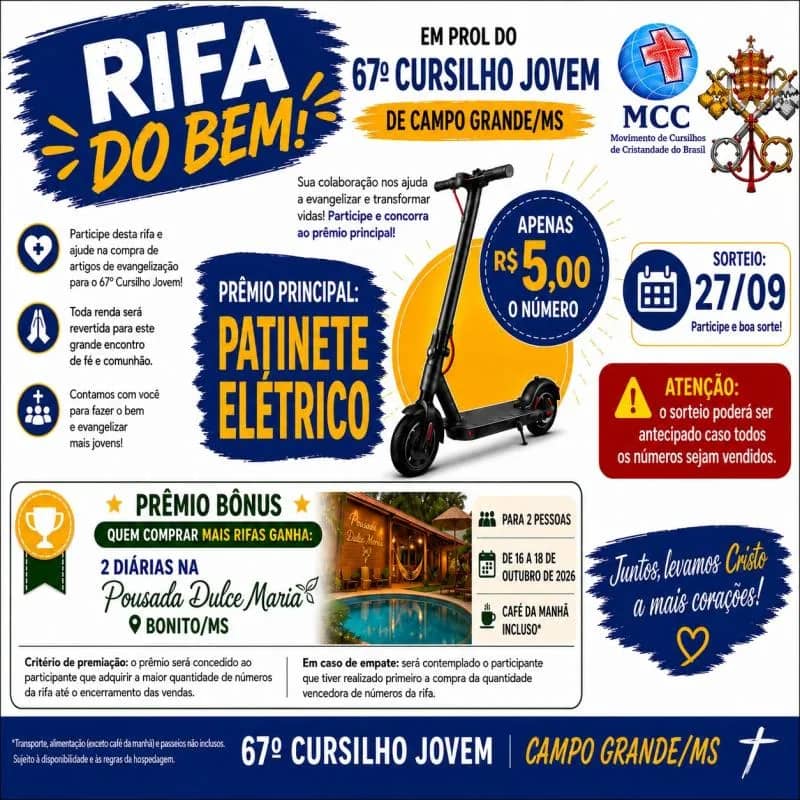 Imagem da campanha Rifa em prol da realização do 67º Cursilho para Jovens de Campo Grande/MS