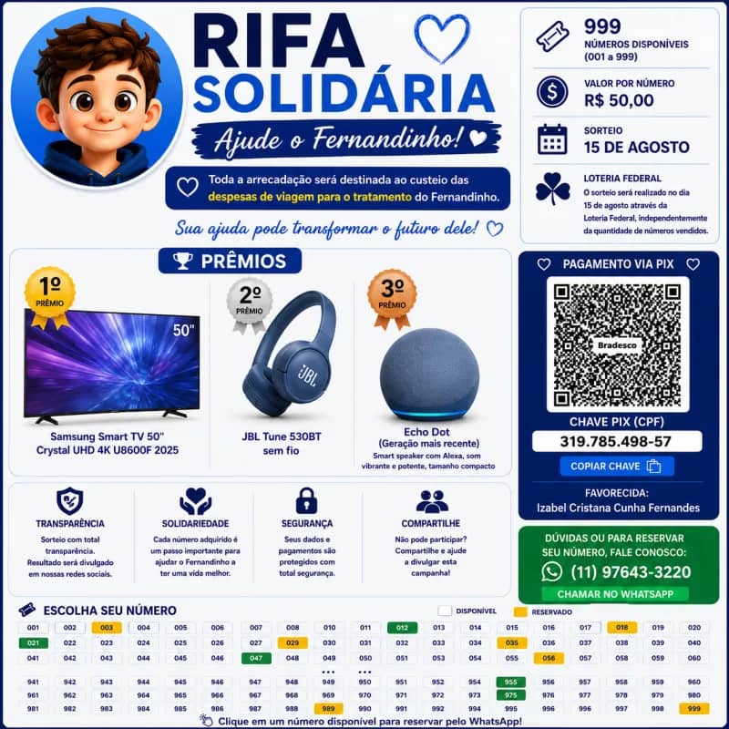 Imagem da campanha RIFA SOLIDÁRIA _Ajude o Fernandinho