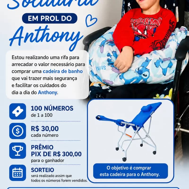 Imagem da campanha Rifa da Cadeira de Banho do Anthony