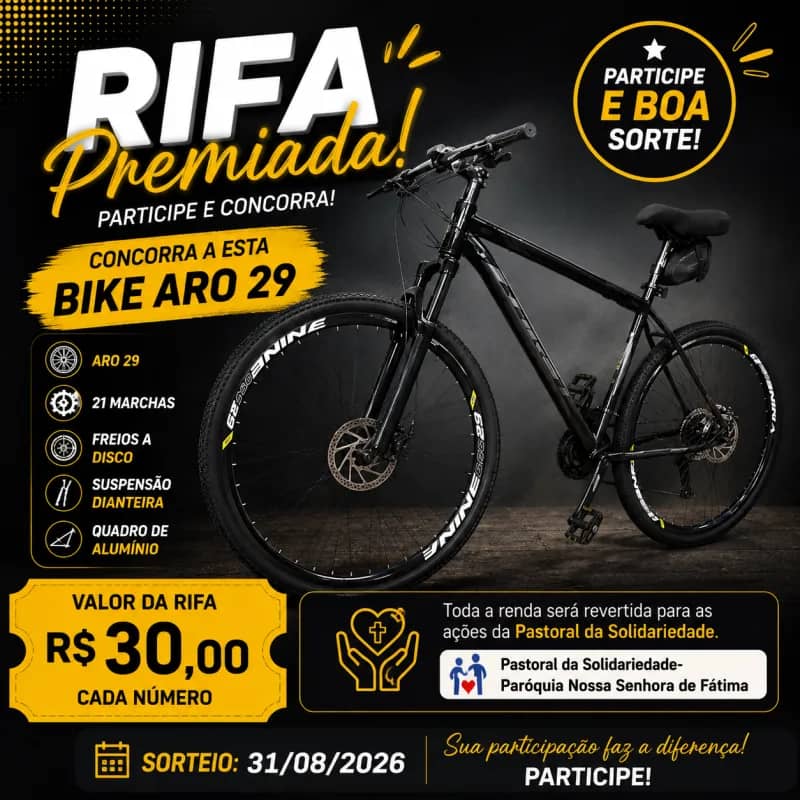 Imagem da campanha Rifa de uma Bicicleta- Pastoral da Solidariedade- Paróquia NS Fátima