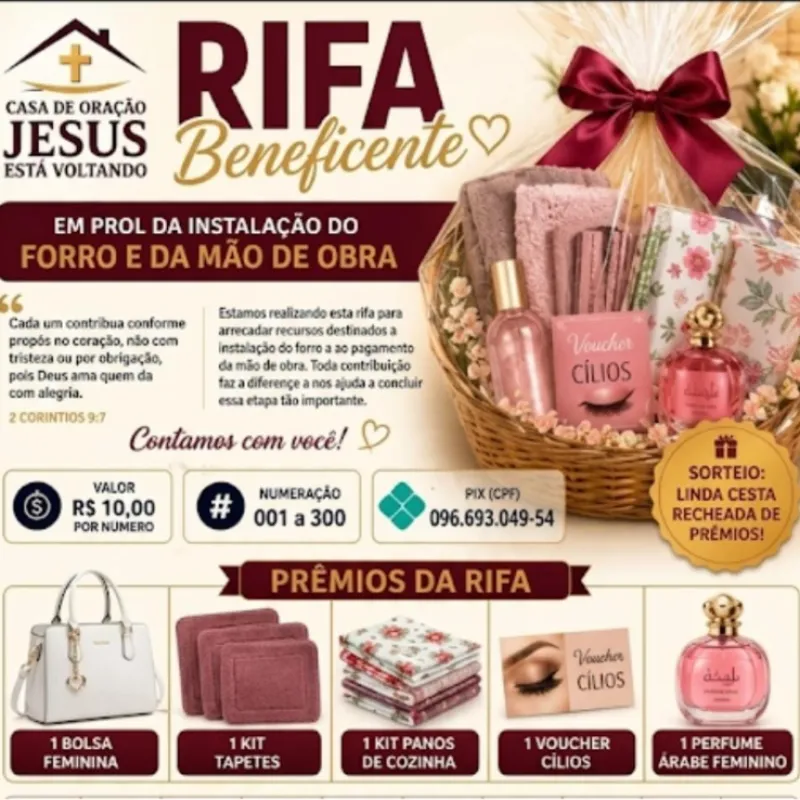Imagem da campanha 🎉 RIFA BENEFICENTE 🎉 Em pro da instalação do forro da igreja!
