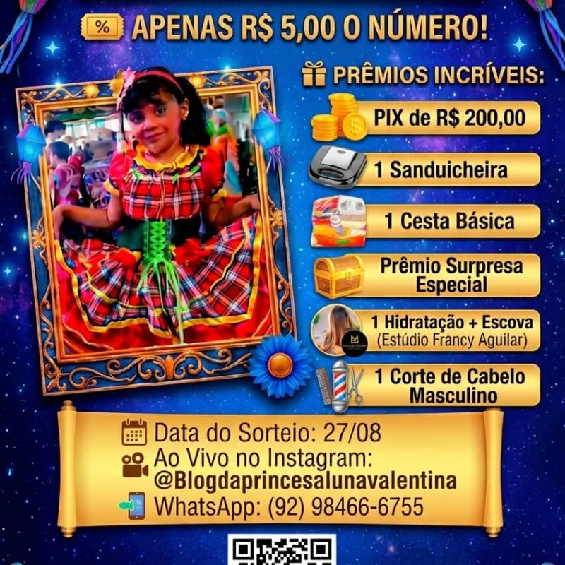 Imagem da campanha Rifa da Rainha do festival folclórico do cime Dra Viviane Estrela, Luna Valentina