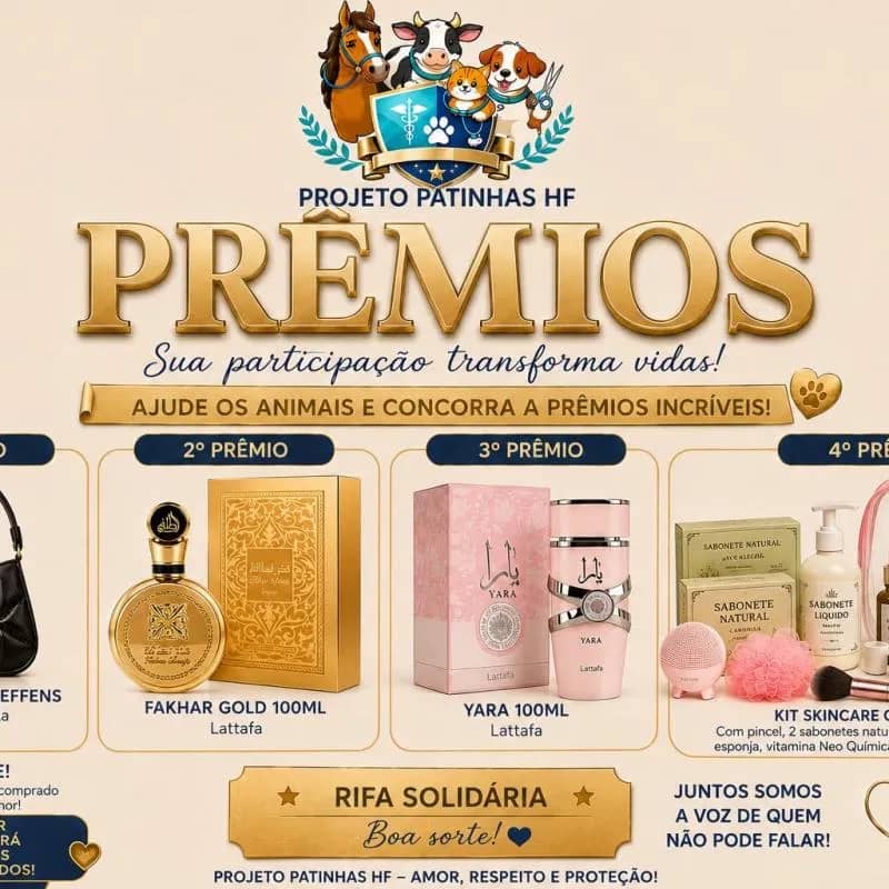 Imagem da campanha Rifa Solidária Projeto Patinhas HF – Ajude os Animais e Concorra a Prêmios!