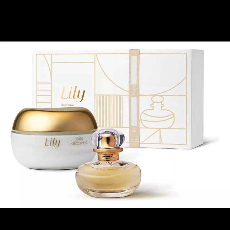 Imagem da campanha Rifa 1 kit Lily Boticário creme acetinado hidratante e perfume.