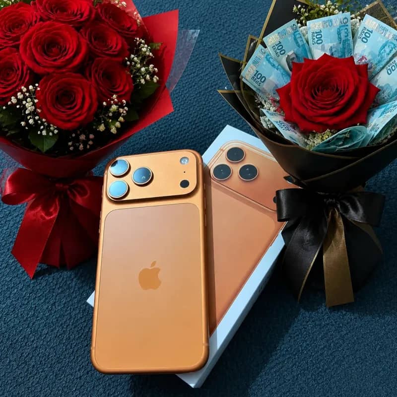 Imagem da campanha iPhone 17 pro max é dois buquê com dinheiro
